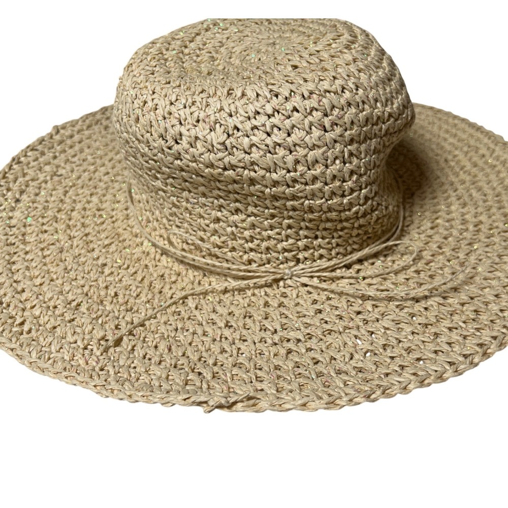 Boho Shimmer Wide Brim Straw Sun Hat Beige Sequin Beach Target One Size